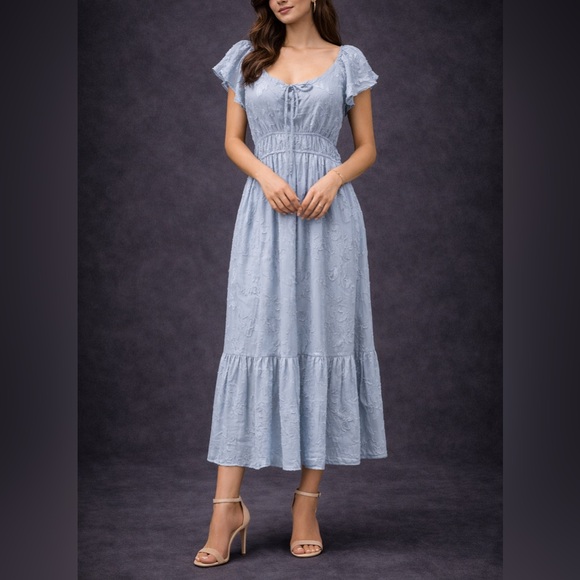 Dresses & Skirts - Function & Fringe Edit | Soft Blue Textured Flutter Sleeve Midi Dress